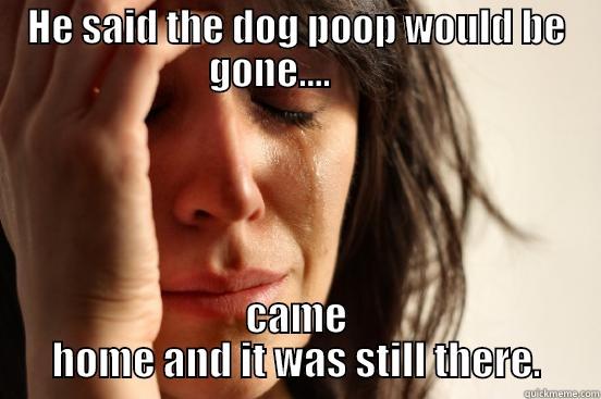 HE SAID THE DOG POOP WOULD BE GONE....        CAME HOME AND IT WAS STILL THERE. First World Problems