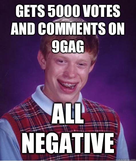 Gets 5000 votes and comments on 9gag All negative  Bad Luck Brian