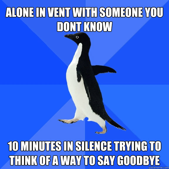 alone in vent with someone you dont know  10 minutes in silence trying to think of a way to say goodbye - alone in vent with someone you dont know  10 minutes in silence trying to think of a way to say goodbye  Socially Awkward Penguin