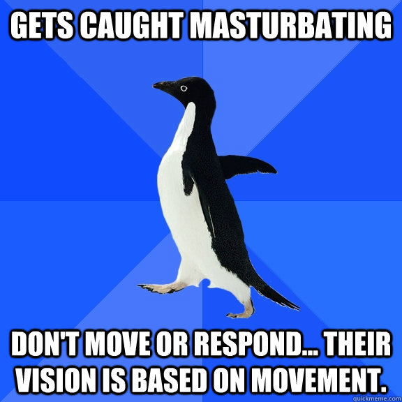 gets caught masturbating Don't move or respond... their vision is based on movement.  Socially Awkward Penguin