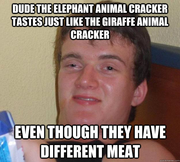 dude the elephant animal cracker tastes just like the giraffe animal cracker even though they have different meat  10 Guy