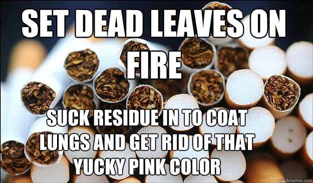 set dead leaves on fire suck residue in to coat lungs and get rid of that yucky pink color  Cigarettes