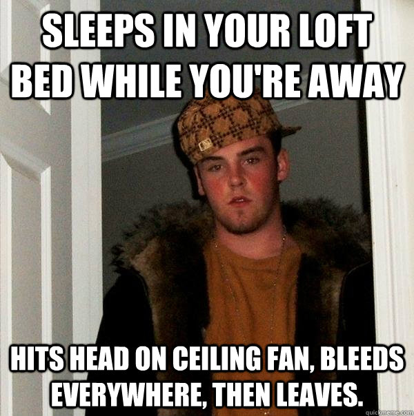 Sleeps in your loft bed while you're away Hits head on ceiling fan, bleeds everywhere, then leaves. - Sleeps in your loft bed while you're away Hits head on ceiling fan, bleeds everywhere, then leaves.  Scumbag Steve