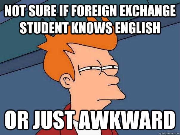 Not sure if foreign exchange student knows English Or just awkward - Not sure if foreign exchange student knows English Or just awkward  Futurama Fry