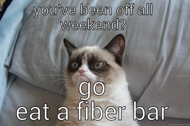 YOU'VE BEEN OFF ALL WEEKEND? GO EAT A FIBER BAR Grumpy Cat