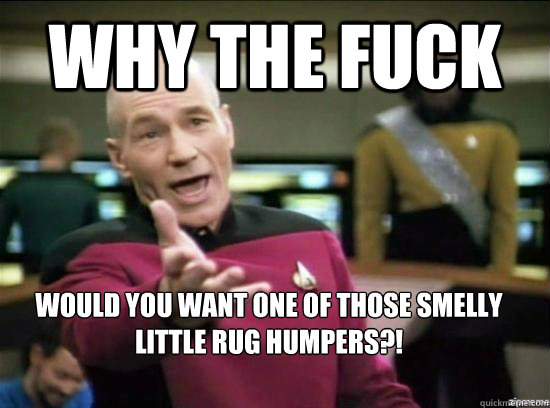 Why the fuck would you want one of those smelly little rug humpers?!  Annoyed Picard HD