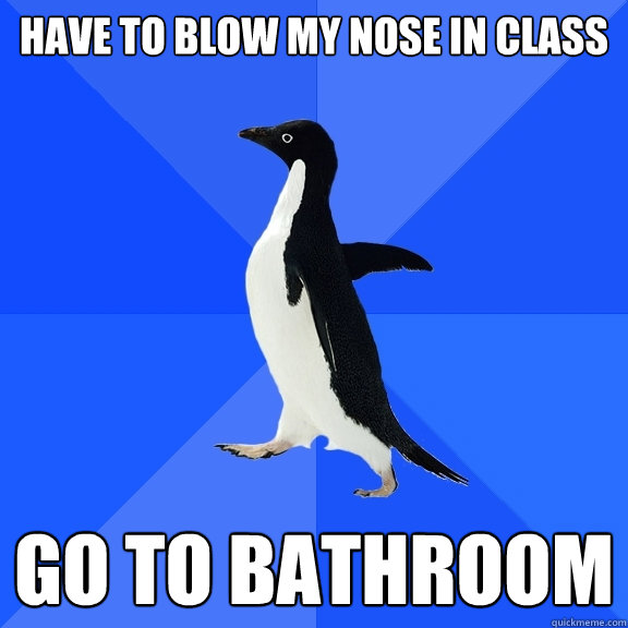 have to blow my nose in class go to bathroom  Socially Awkward Penguin