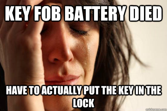 Key fob battery died Have to actually put the key in the lock   First World Problems