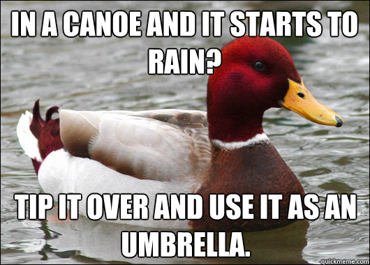 In a canoe and it starts to rain? Tip it over and use it as an umbrella.  Malicious Advice Mallard