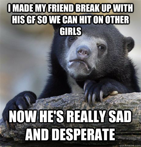 i made my friend break up with his gf so we can hit on other girls now he's really sad and desperate  Confession Bear