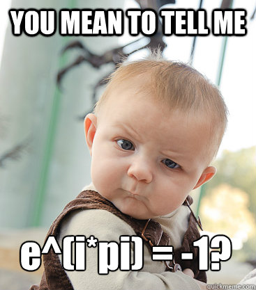 YOU MEAN TO TELL ME e^(i*pi) = -1? - YOU MEAN TO TELL ME e^(i*pi) = -1?  skeptical baby