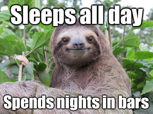 Sleeps all day Spends nights in bars  Stoned Sloth