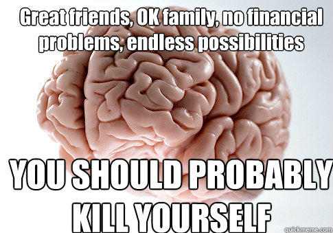 Great friends, OK family, no financial problems, endless possibilities YOU SHOULD PROBABLY KILL YOURSELF - Great friends, OK family, no financial problems, endless possibilities YOU SHOULD PROBABLY KILL YOURSELF  Scumbag Brain