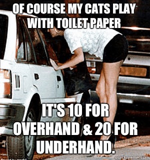 Of course my cats play with toilet paper It's 10 for overhand & 20 for underhand.   Karma Whore