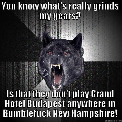 YOU KNOW WHAT'S REALLY GRINDS MY GEARS? IS THAT THEY DON'T PLAY GRAND HOTEL BUDAPEST ANYWHERE IN BUMBLEFUCK NEW HAMPSHIRE! Insanity Wolf