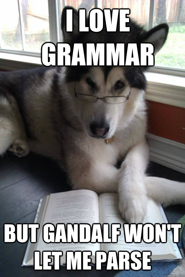 I love grammar But gandalf won't let me parse  Condescending Literary Pun Dog