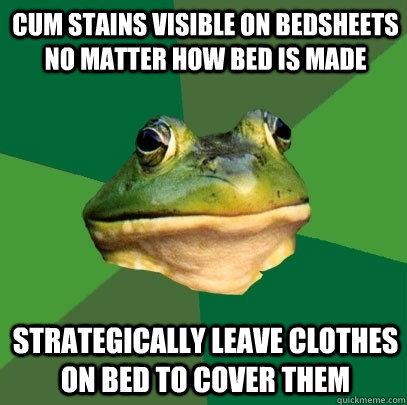 cum stains visible on bedsheets no matter how bed is made strategically leave clothes on bed to cover them  Foul Bachelor Frog