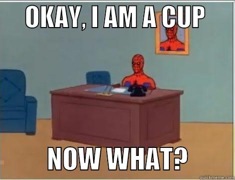 lsjflksjd slkjd 43j lkj4 -      OKAY, I AM A CUP                 NOW WHAT?         Spiderman Desk