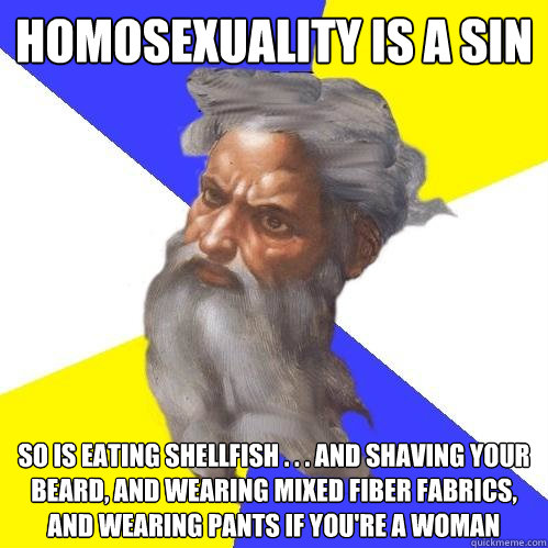 Homosexuality is a sin so is eating shellfish . . . and shaving your beard, and wearing mixed fiber fabrics, and wearing pants if you're a woman  Advice God