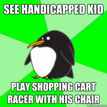 see handicapped kid play shopping cart racer with his chair  