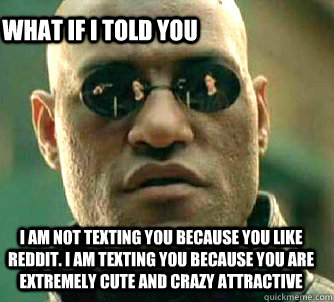 I am not texting you because you like reddit. I am texting you because you are extremely cute and crazy attractive What if I told you  Matrix Morpheus