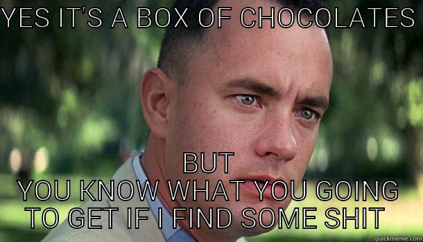YES IT'S A BOX OF CHOCOLATES  BUT YOU KNOW WHAT YOU GOING TO GET IF I FIND SOME SHIT  Offensive Forrest Gump