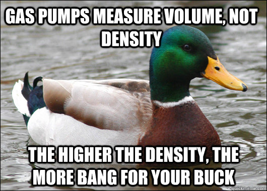 Gas pumps measure volume, not density The higher the density, the more bang for your buck  Actual Advice Mallard