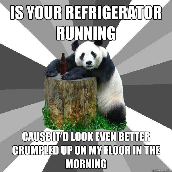 IS YOUR REFRIGERATOR RUNNING CAUSE IT'D LOOK EVEN BETTER CRUMPLED UP ON MY FLOOR IN THE MORNING  Pickup-Line Panda