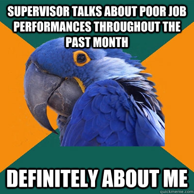 Supervisor talks about poor job performances throughout the past month  Definitely about me   Paranoid Parrot
