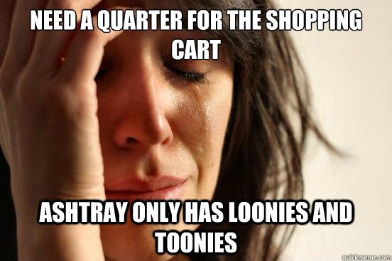 Need a quarter for the shopping cart Ashtray only has loonies and toonies - Need a quarter for the shopping cart Ashtray only has loonies and toonies  First World Problems