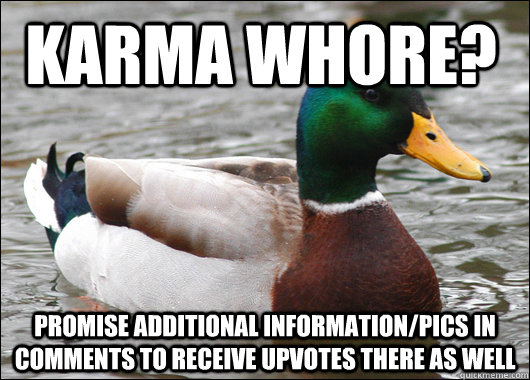 Karma whore? Promise additional information/pics in comments to receive upvotes there as well  Actual Advice Mallard