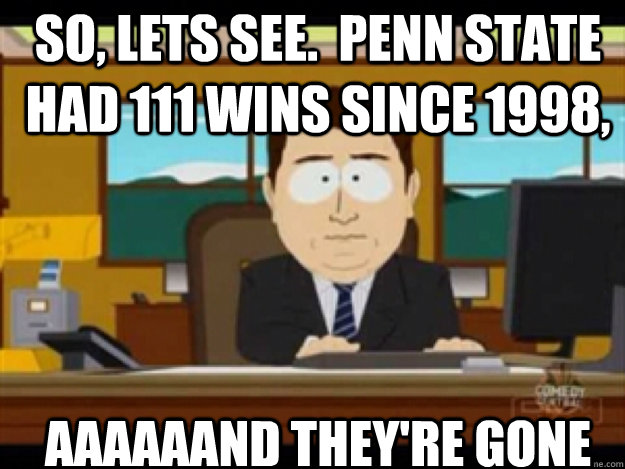 So, LETS SEE.  Penn State had 111 wins since 1998, AAAAAAND THEY'RE GONE - So, LETS SEE.  Penn State had 111 wins since 1998, AAAAAAND THEY'RE GONE  Misc