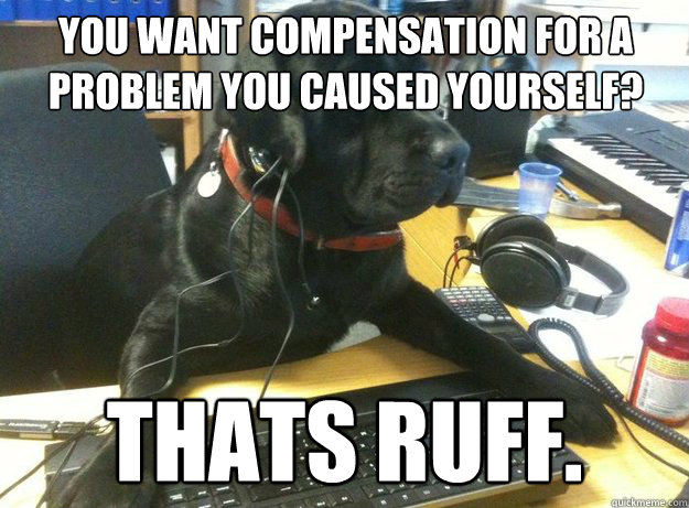 You want compensation for a problem you caused yourself?
 Thats ruff. 
  Tech Support Dog