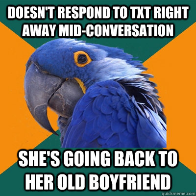 doesn't respond to txt right away mid-conversation she's going back to her old boyfriend  Paranoid Parrot