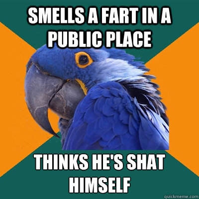 Smells a fart in a public place Thinks he's shat himself  Paranoid Parrot