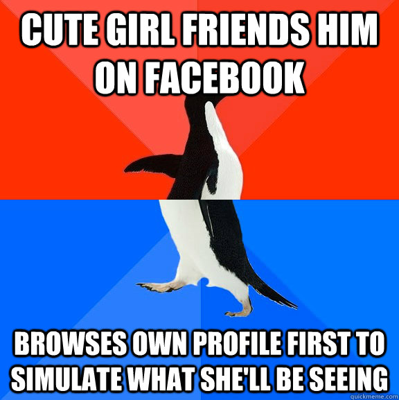 Cute girl friends him on facebook browses own profile first to simulate what she'll be seeing  Socially Awesome Awkward Penguin