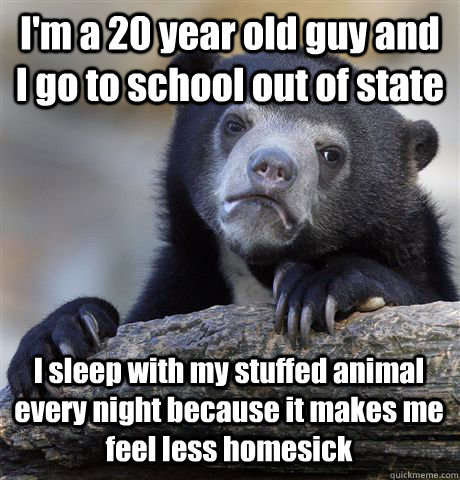 I'm a 20 year old guy and I go to school out of state I sleep with my stuffed animal every night because it makes me feel less homesick - I'm a 20 year old guy and I go to school out of state I sleep with my stuffed animal every night because it makes me feel less homesick  Confession Bear