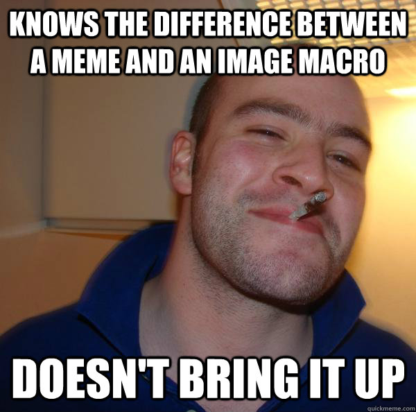 Knows the difference between a meme and an image macro Doesn't bring it up - Knows the difference between a meme and an image macro Doesn't bring it up  Misc
