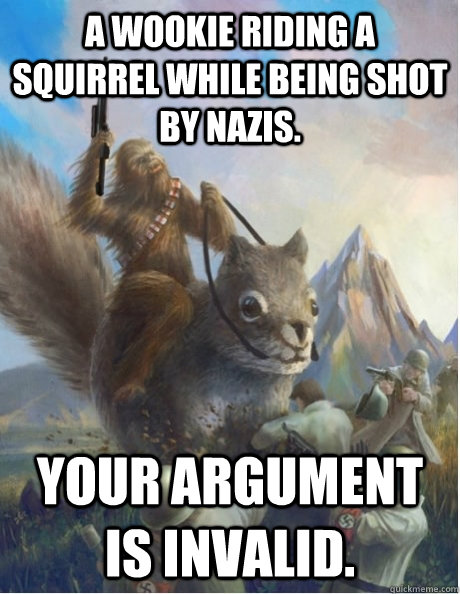 a wookie riding a squirrel while being shot by nazis.  Your argument is invalid.  