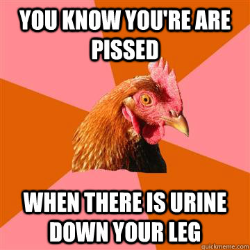 You know you're are pissed  When there is urine down your leg   Anti-Joke Chicken