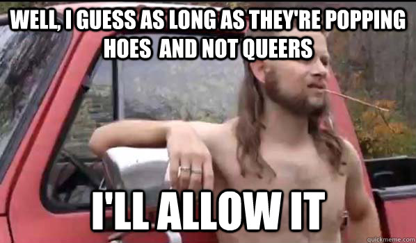 Well, I guess as long as they're popping hoes  and not queers I'll allow it - Well, I guess as long as they're popping hoes  and not queers I'll allow it  Almost Politically Correct Redneck