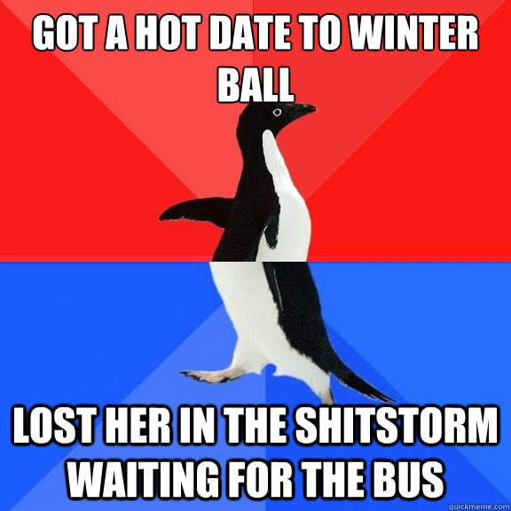 Got a hot date to winter ball lost her in the shitstorm waiting for the bus  Socially Awksome Penguin