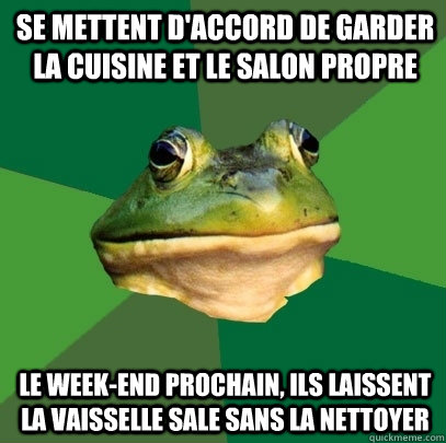 Se mettent d'accord de garder la cuisine et le salon propre le week-end prochain, ils laissent la vaisselle sale sans la nettoyer  Foul Bachelor Frog