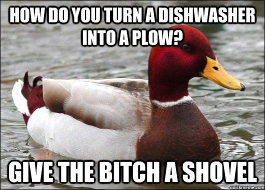 how do you turn a dishwasher into a plow? give the bitch a shovel   Malicious Advice Mallard