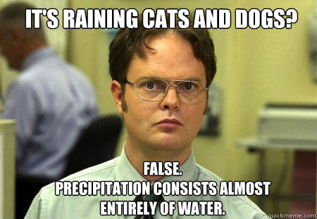 it's raining cats and dogs? FALSE.  
Precipitation consists almost entirely of water.  Schrute