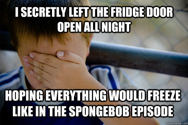 I secretly left the fridge door open all night hoping everything would freeze like in the spongebob episode - I secretly left the fridge door open all night hoping everything would freeze like in the spongebob episode  Confession kid