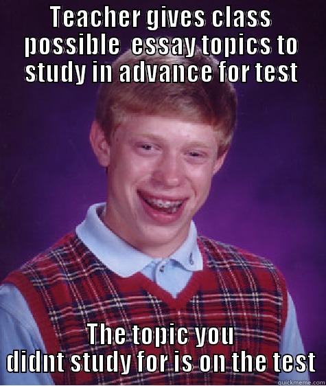TEACHER GIVES CLASS POSSIBLE  ESSAY TOPICS TO STUDY IN ADVANCE FOR TEST THE TOPIC YOU DIDNT STUDY FOR IS ON THE TEST Bad Luck Brian