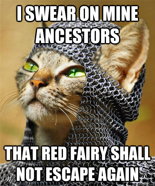 I swear on mine ancestors  that red fairy shall not escape again  Sir Whiskers
