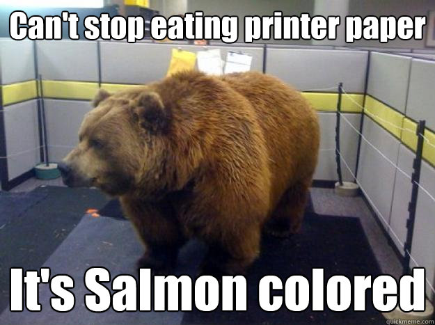 Can't stop eating printer paper It's Salmon colored  Office Grizzly