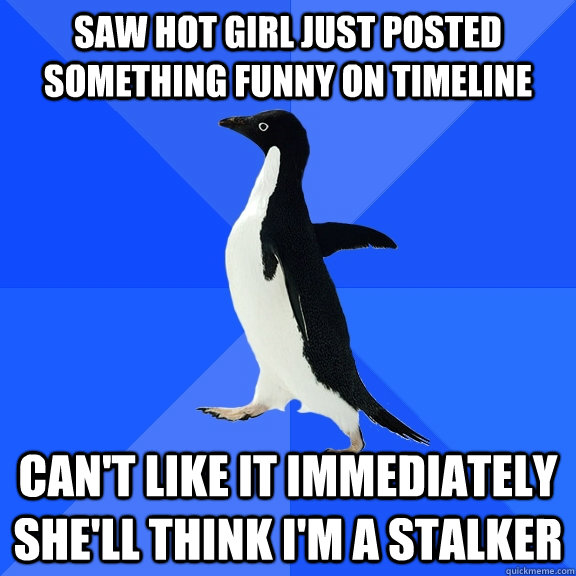 saw hot girl just posted something funny on timeline can't like it immediately she'll think i'm a stalker  Socially Awkward Penguin
